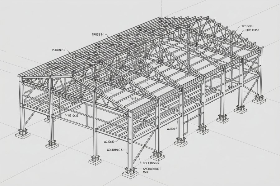 P1 Taşıyıcı Çelik Karkas Paketi 3D Statik Tel Kafes Çizimi